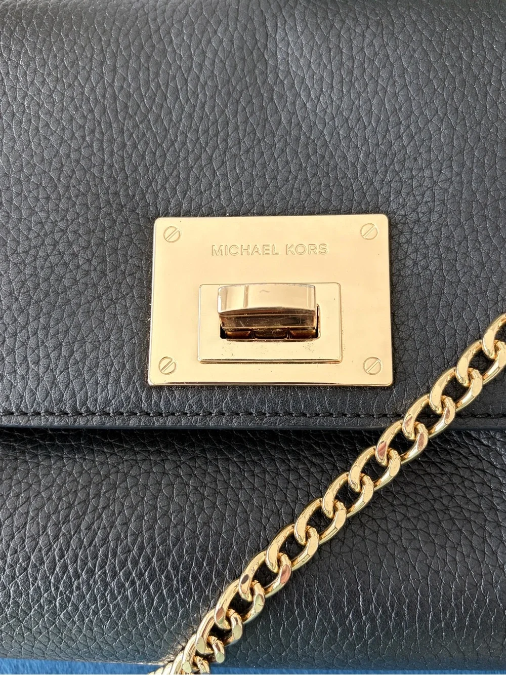 Michael Kors Genuine Black Leather Chain Shoulder Bag with Gold Hardware